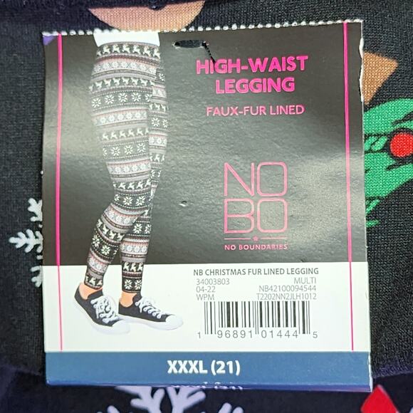 NWT NOBO Leggings JRs XXXL 21 Christmas Print High Waist Faux Fur Lined Black - Picture 8 of 10
